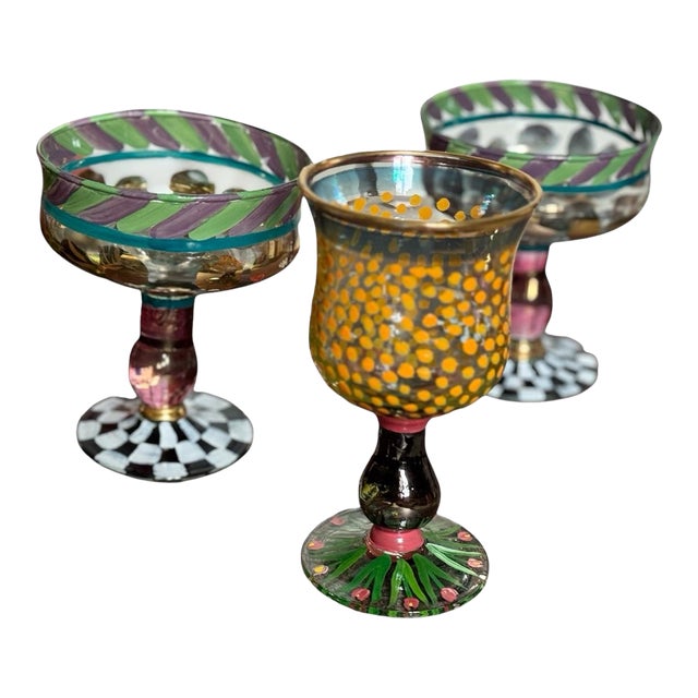 Three 1990s Mackenzie Childs Glasses: Champagne Glasses (A Pair) and Picadilly Glass (One) For Sale