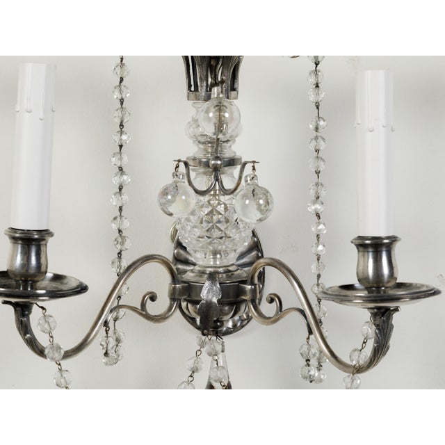 Metal 1920s Metal and Crystal Two-Arm Wall Sconces with Beads and Rosettes - a Pair For Sale - Image 7 of 8