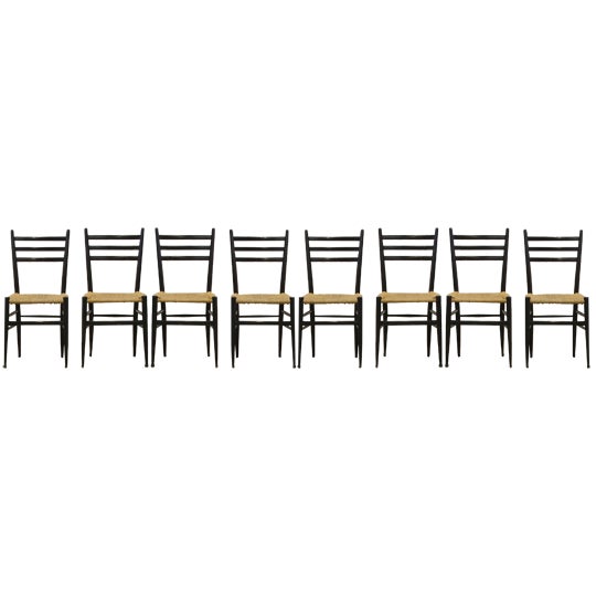 Italian Papercord Dining Chairs with Woven Seats, 1950s, Set of 8 For Sale