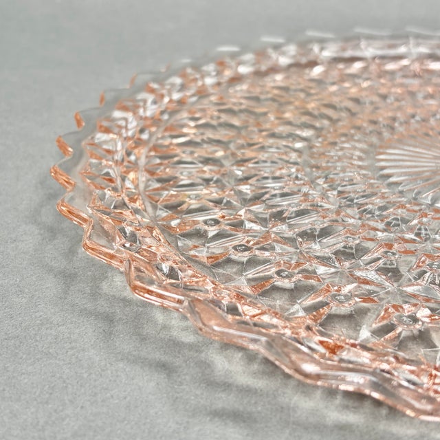 Jeannette Glass Vintage Pink Jeannette Glass “Holiday Buttons and Bows” Depression Glass Cake Plate For Sale - Image 4 of 9