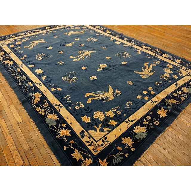 Blue Floral Bird Chinese Peking Knotted Room Size Blue Wool Antique 1920s Rug For Sale - Image 9 of 9