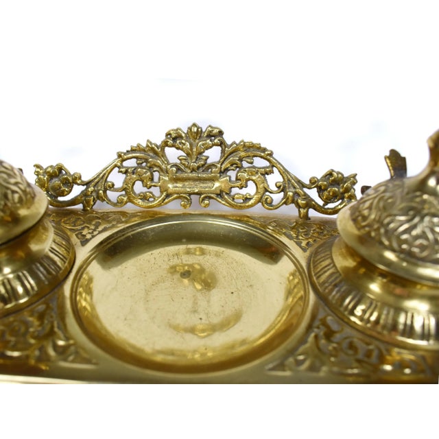 Brass Mid 20th Century Victorian Solid Brass Filigree Desk Double Inkwell With Insert and Pen Holder For Sale - Image 8 of 9