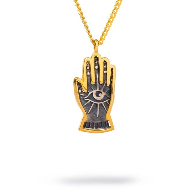 Gold Energy Flow Hamsa Hand Evil Eye Pendant Gold Chain Necklace For Sale - Image 8 of 8