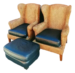 1980s Ethan Allen Wingback Chairs With a Leather Ottoman, 3 Pieces