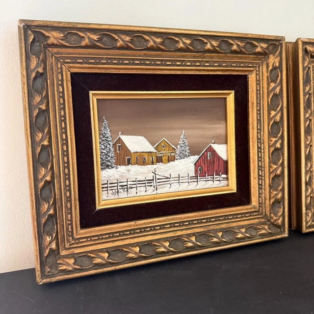 Pair Vintage Framed Winter Landscape Oil Paintings Signed John Peppe For Sale - Image 4 of 16