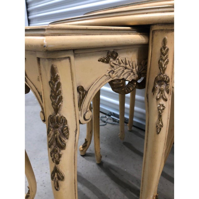 1940s Vintage Louis XV Style Nesting Staking Tables Inlaid Wood Top For Sale - Image 9 of 10