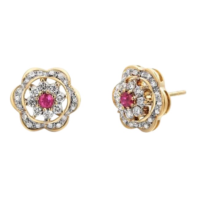 14 Karat Yellow Gold Floral Ruby and Diamond Earrings, A Pair For Sale