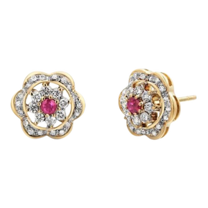 14 Karat Yellow Gold Floral Ruby and Diamond Earrings, A Pair