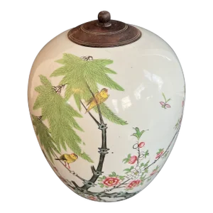 Vintage Chinese Large Birds & Flowers Famille Rose Jar With Wood Lid