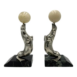 Pair Art Deco Sea Lion Bookends French Silverplate Alabaster For Sale