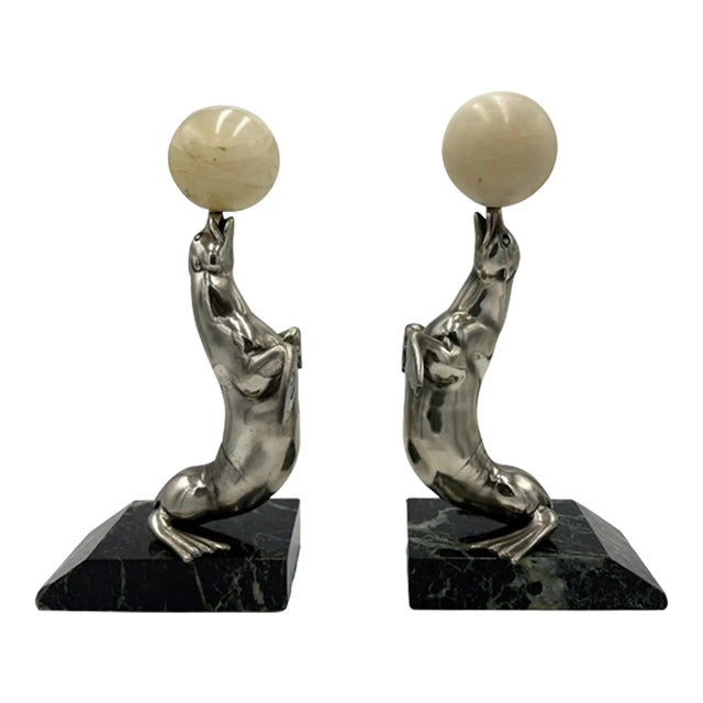 Pair Art Deco Sea Lion Bookends French Silverplate Alabaster For Sale
