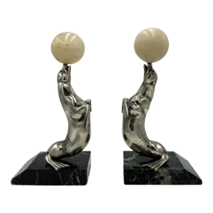 Pair Art Deco Sea Lion Bookends French Silverplate Alabaster