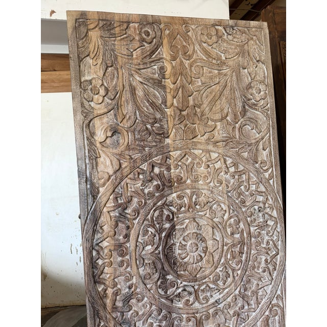 Vintage Lotus Mandala Carved Barn Door – Reclaimed Wood Boho Wall Panel 80x36 For Sale In Orlando - Image 6 of 8