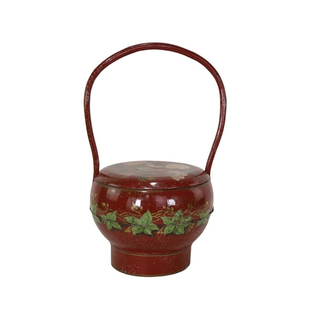 Ruby Red Antique Chinese-Style Lacquer Bucket With Gilded Decoration For Sale - Image 8 of 8