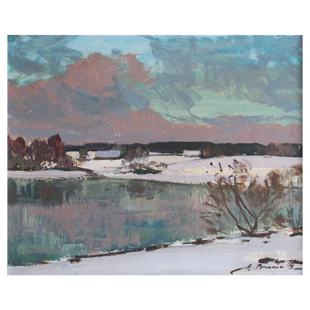 Alfejs Bromults, Winter Landscape, Oil on Cardboard For Sale