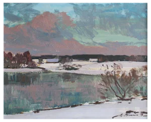 Alfejs Bromults, Winter Landscape, Oil on Cardboard