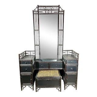 Vintage Chinoiserie Pagoda Black Rattan Bamboo Vanity With Stool and Mirror For Sale