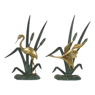 Mid-Century Heron and Duck Figurines in Brass and Green Metal, 1950s, Set of 2 For Sale