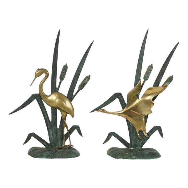 Mid-Century Heron and Duck Figurines in Brass and Green Metal, 1950s, Set of 2 For Sale