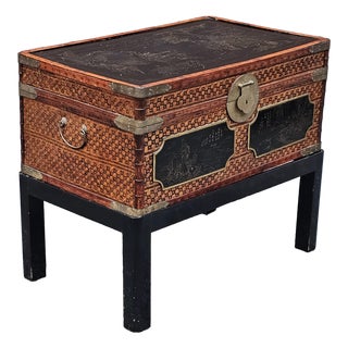 1990s Vintage Kimono Chest, Japanese, Woven Reed, Campaign Linen Trunk on Stand For Sale
