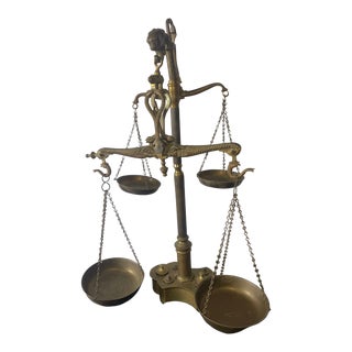 Antique Italian Trebuchet Scales, Double Trays With Weights For Sale