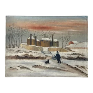 Antique Folk Art Winter Landscape With Dog and Man, Oil on Canvas/Outsider Art