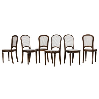 French Louis XVI Style Walnut Dining Chairs, Blue Striped Linen Upholstery – Set of 6 For Sale