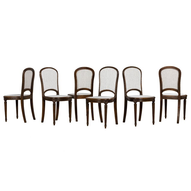French Louis XVI Style Walnut Dining Chairs, Blue Striped Linen Upholstery – Set of 6 For Sale
