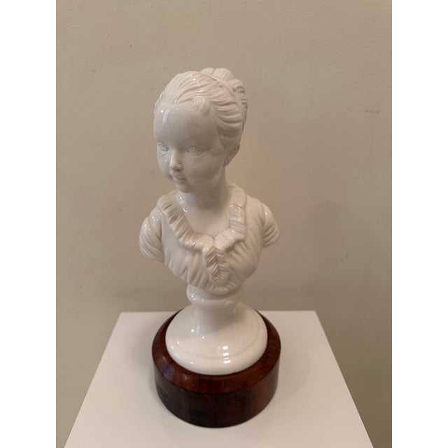 Vintage Italian glazed ceramic portrait bust, dating to approximately the 1960s. The figure depicts a young woman in 18th-...