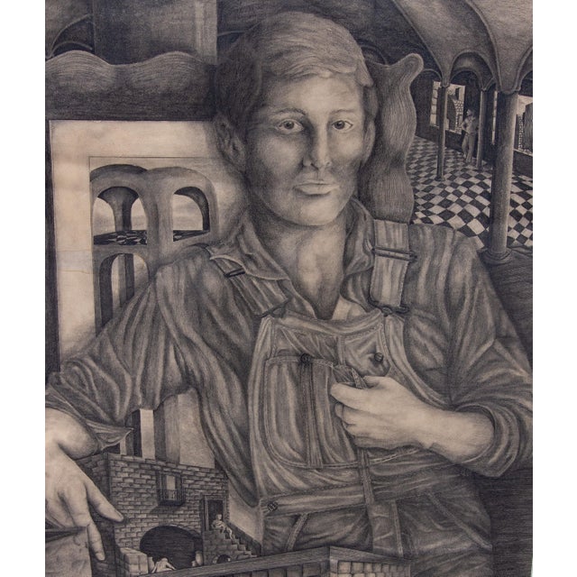 Mid-Century Modern Self Portrait an Architect With Architectural Models Mid Century Large Drawing For Sale - Image 3 of 6