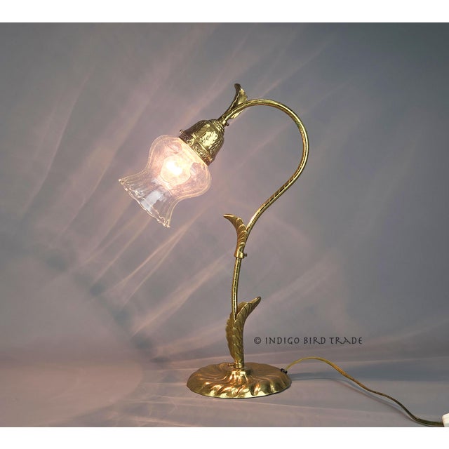 Shabby Chic Vintage Flower Shaped Gooseneck Brass and Glass Shade Table Lamp For Sale - Image 3 of 8
