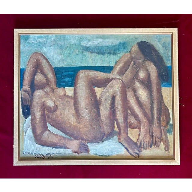 Oleg Zinger Oil Painting Sign Cubism Naked Women on the Beach 1945 France For Sale - Image 11 of 11