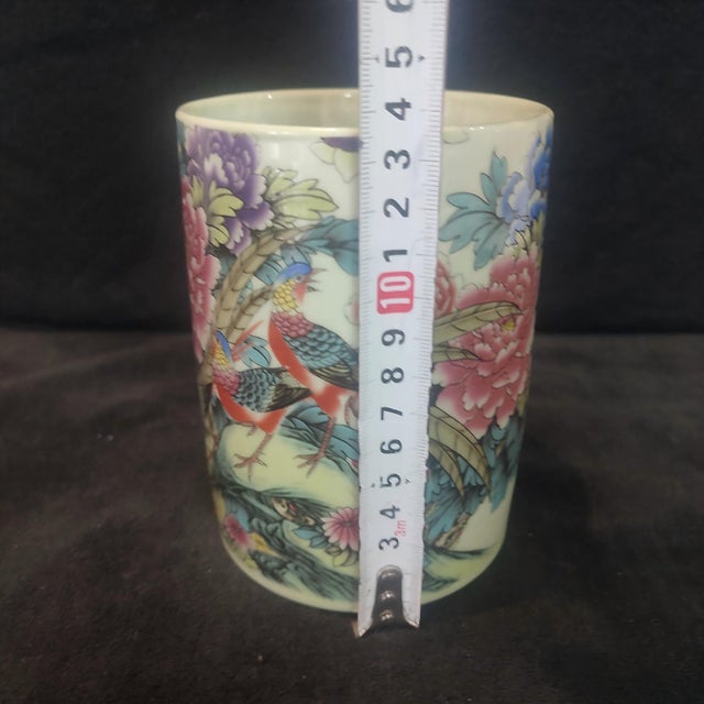 White Chinese Ceramic Pot,Tongzhi Marked Famille Rose Porcelain Brush Pot Hand Painted Rooster and Peony Flowers Pattern For Sale - Image 8 of 10