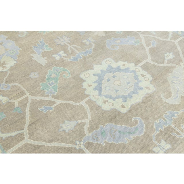 Modern Hand-Knotted Oushak Style Wool Rug in Muted Taupe, Soft Blue, and Seafoam For Sale In New York - Image 6 of 12