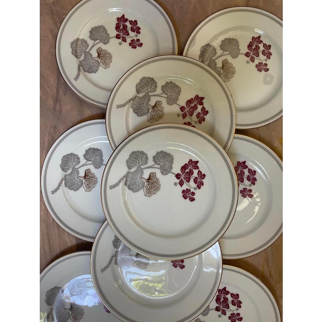 Burgundy Vintage Noritake Geranium Burgundy and Gray 6.5” Plates - Set of Nine (9) For Sale - Image 8 of 10