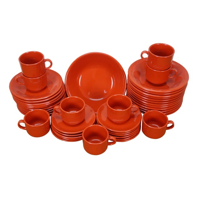 Late 20th Century 43 Pc Isg Italy Red Ceramic Porcelain Plates Bowls Mugs Dinnerware Set For Sale