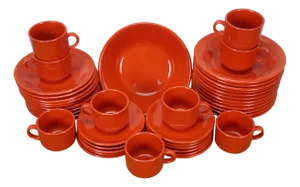 Late 20th Century 43 Pc Isg Italy Red Ceramic Porcelain Plates Bowls Mugs Dinnerware Set