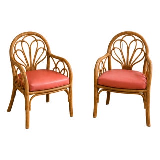 Vintage Rattan Petal Fan-Back Armchairs With Coral Pink Cushions — Pair For Sale