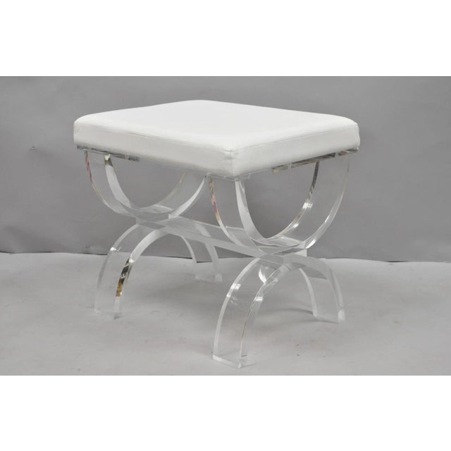 Contemporary Modern Lucite Acrylic X-Form White Vanity Bench Stool Seat For Sale - Image 15 of 15