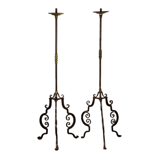 19th Century Wrought Iron & Brass Torchieres For Sale