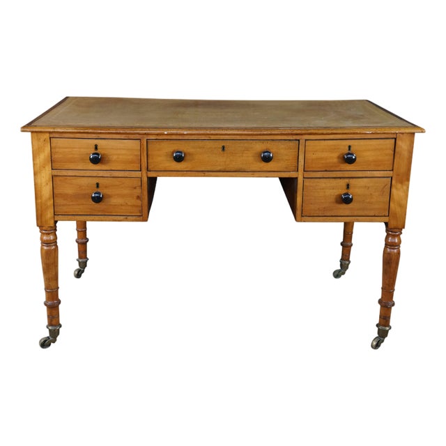 Antique 19th C. English Regency Maple & Oak Tooled Leather Top Partner's Desk For Sale