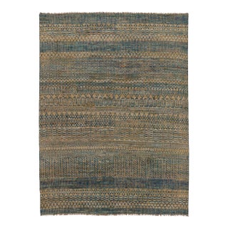 Rug & Kilim's Modern Rug in Indigo and Camel Bands With Geometric Motifs For Sale