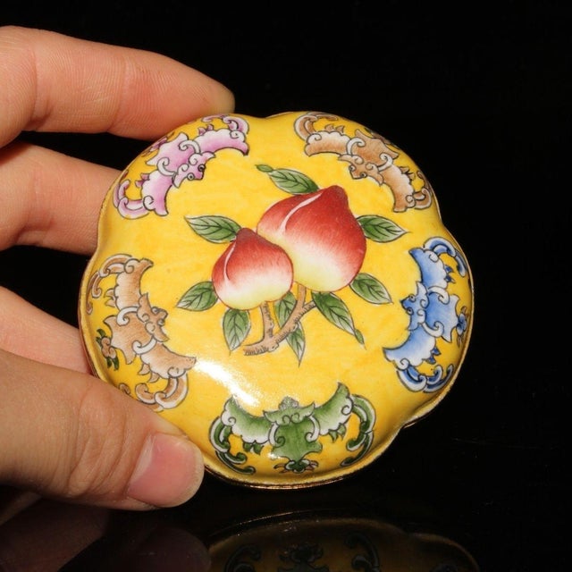Yellow Cloisonné Enamel Trinket Box | Yellow Peach & Bat Motif | 2.5" Wide For Sale - Image 8 of 9