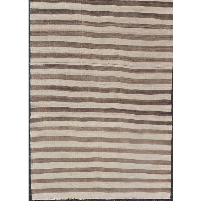 Traditional Vintage Turkish Kilim Runner Brown Stripe Ivory Neutral Wool Flatweave For Sale - Image 3 of 12