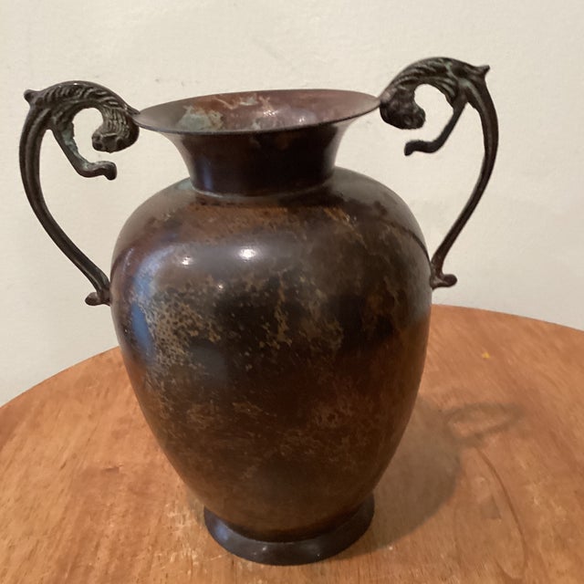 Vintage Roman Style Amphora Vase/Urn With Jaguar Ornate Handles Weathered Patina For Sale - Image 11 of 12