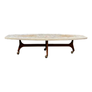 Mid 20th Century Harvey Probber Style Tessellated Marble Coffee Table With Travertine Diamond Insets and Carved Base on Casters