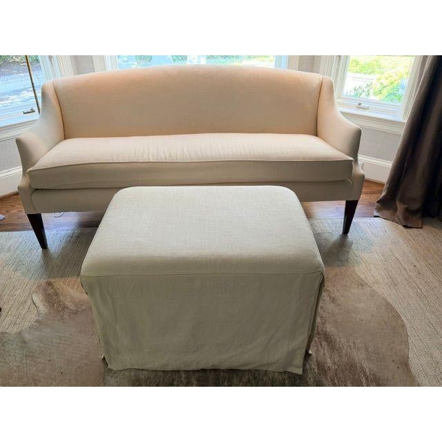 Ivory Upholstered Apartment Sofa With Ottoman & Designer Pillows For Sale - Image 8 of 8