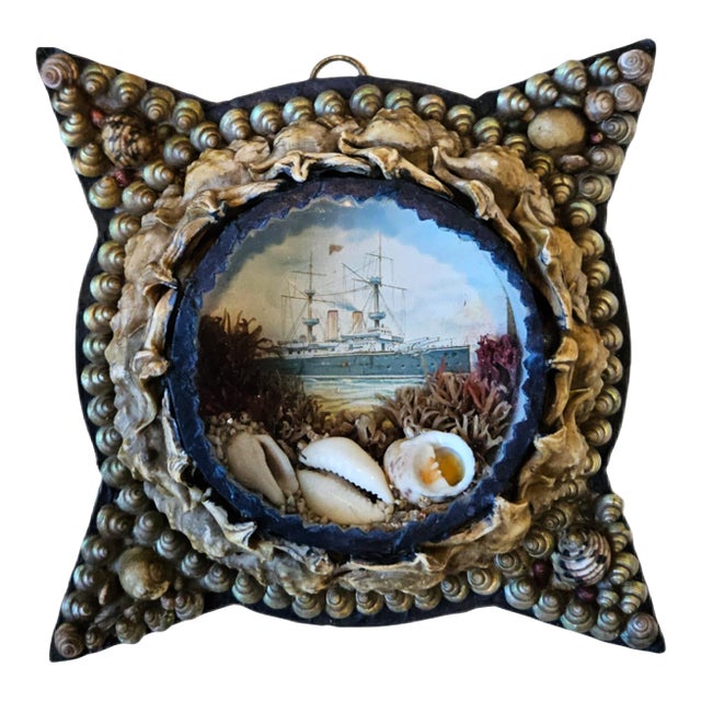 Edwardian Shellwork Valentine Diorama of a Royal Navy Cruiser, Star-Shaped Frame For Sale