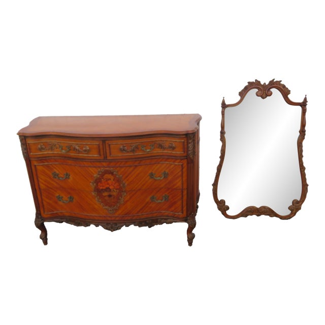French Early 1900s Inlay Carved Dresser Bathroom Vanity and Mirror For Sale