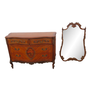 French Early 1900s Inlay Carved Dresser Bathroom Vanity and Mirror